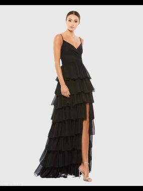 Mac Duggal Black Tiered Ruffle Strapless-Style Evening Gown